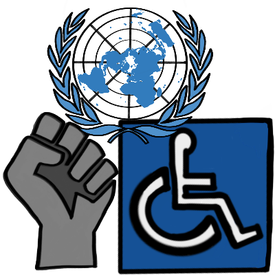 The United Nations logo above a raised grey fist and the international disability symbol.